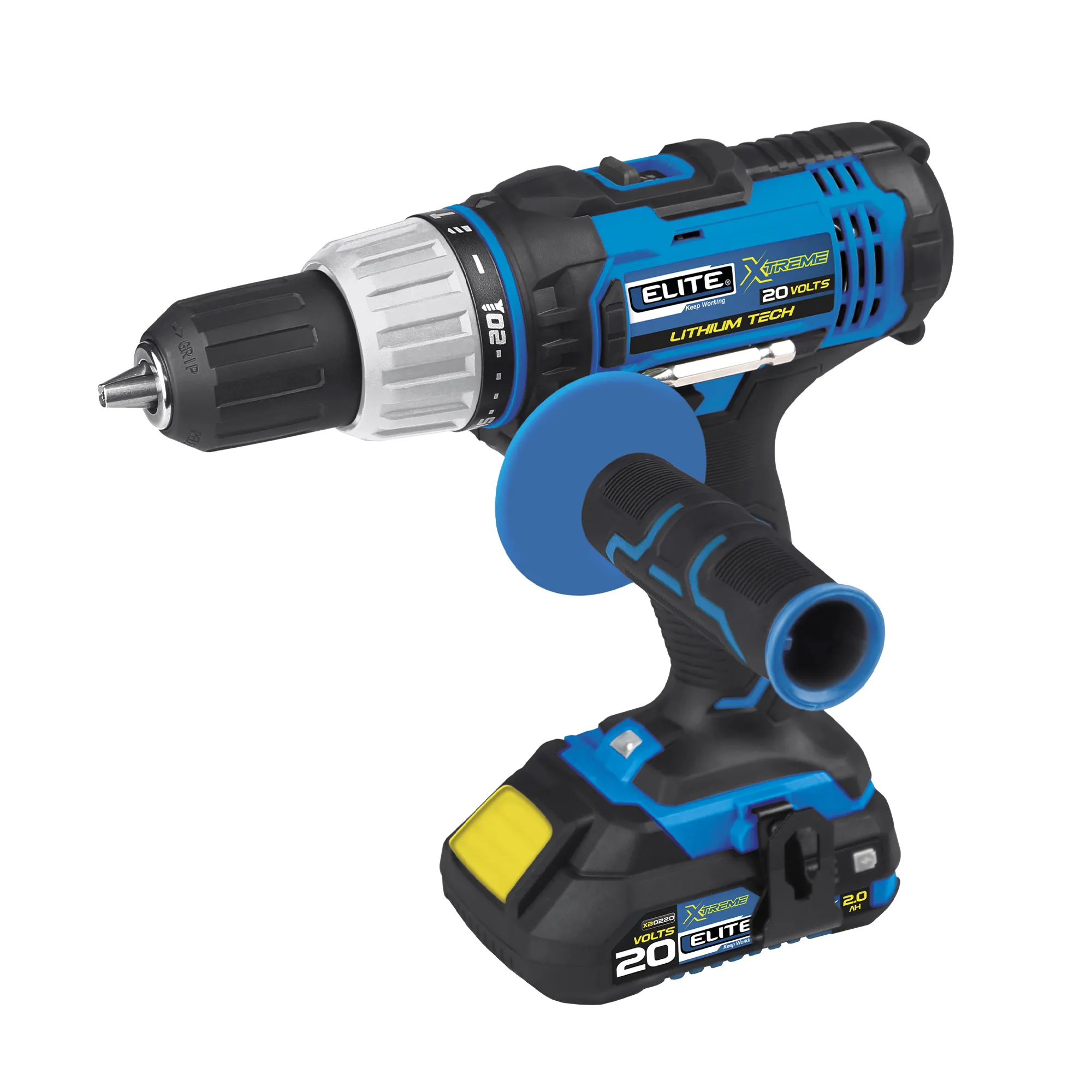Taladro inalámbrico percutor 20V Mandril 2" - 13mm 1.650RPM ELITE XTREME con 2 Baterías, Cargador, Clip Cinturón, Punta Destornillador y Estuche Plástico